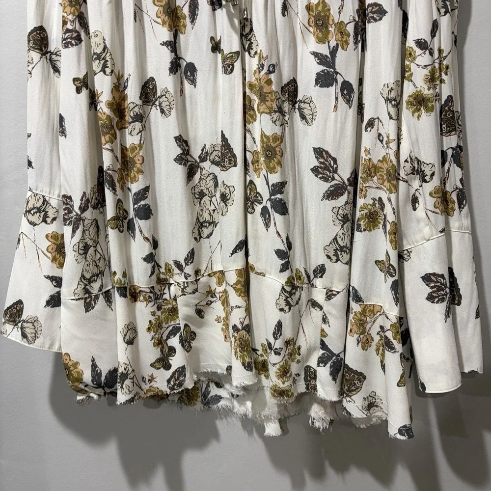 Free People Pebble Crepe Butterfly Print Top Ivory XS Boho Tunic Raw Hem Peasant